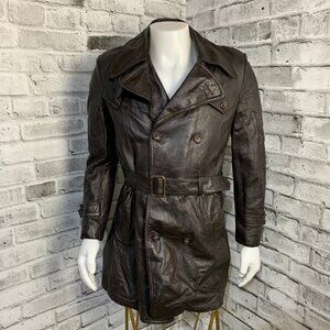 Vintage 70s Leather Jacket Trench Coat Mens M Brown Belted Removable Wool Liner